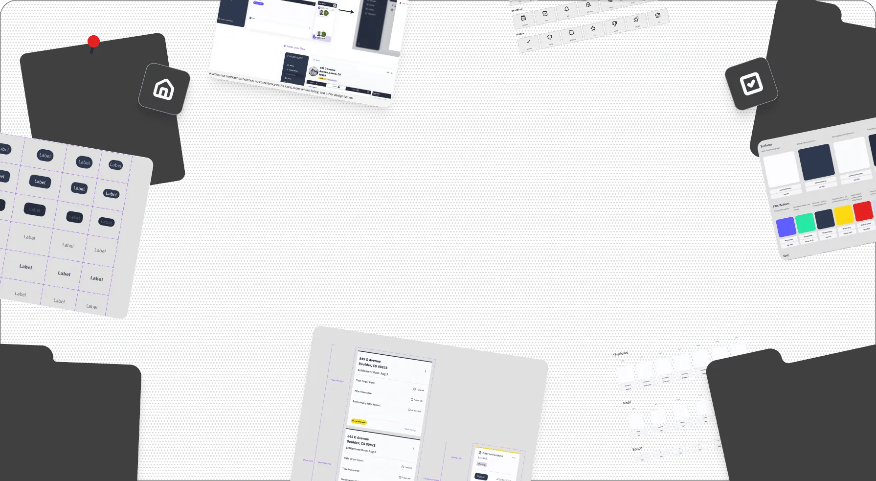 Dark board of Atlas Agent product screens and brand cards