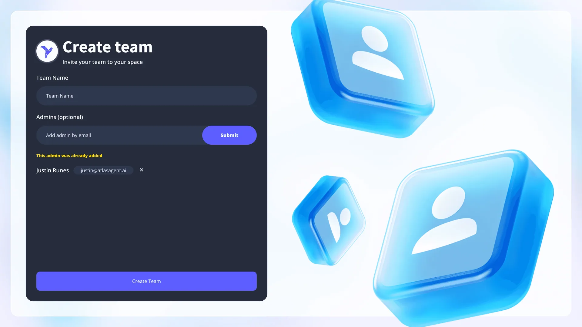 Create team: team name and admin invitations