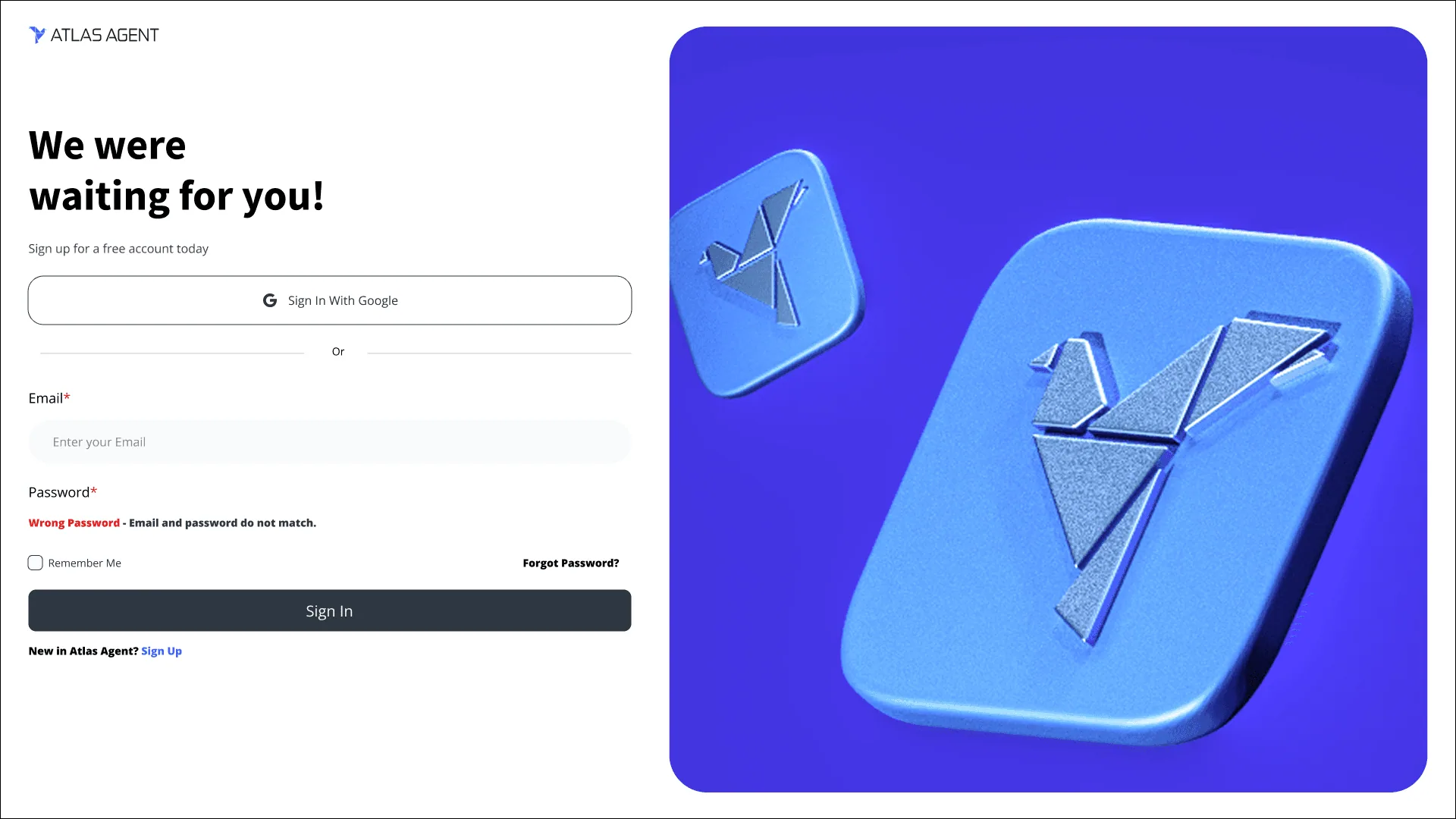 Sign in screen: email and password with the Atlas Agent mark
