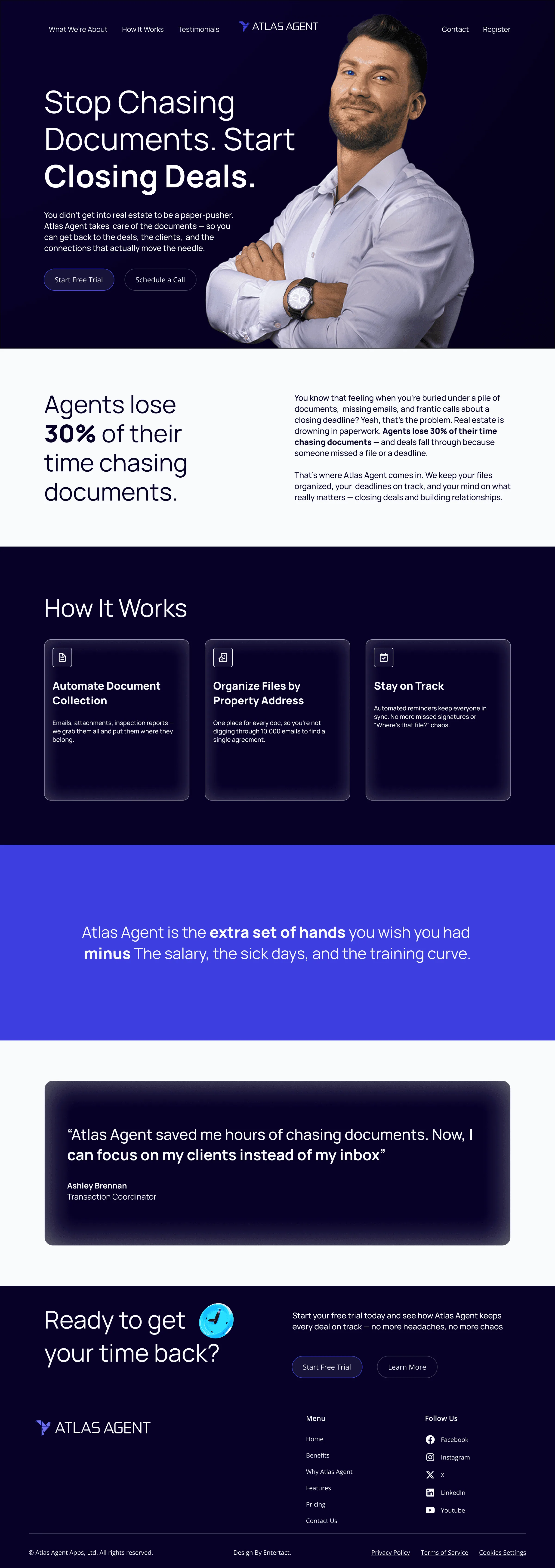 The full Atlas Agent landing page: hero, the 30% statistic, How It Works, testimonial and footer