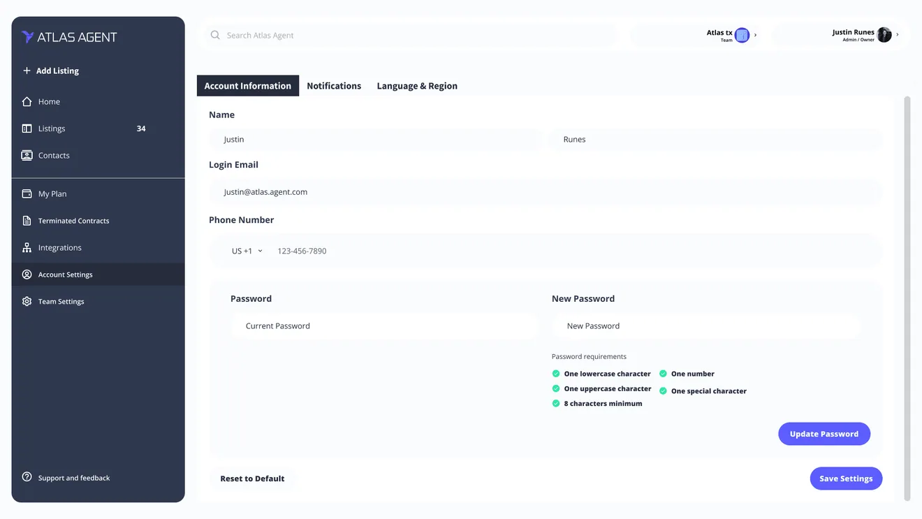Account Settings: the profile form with the settings sidebar