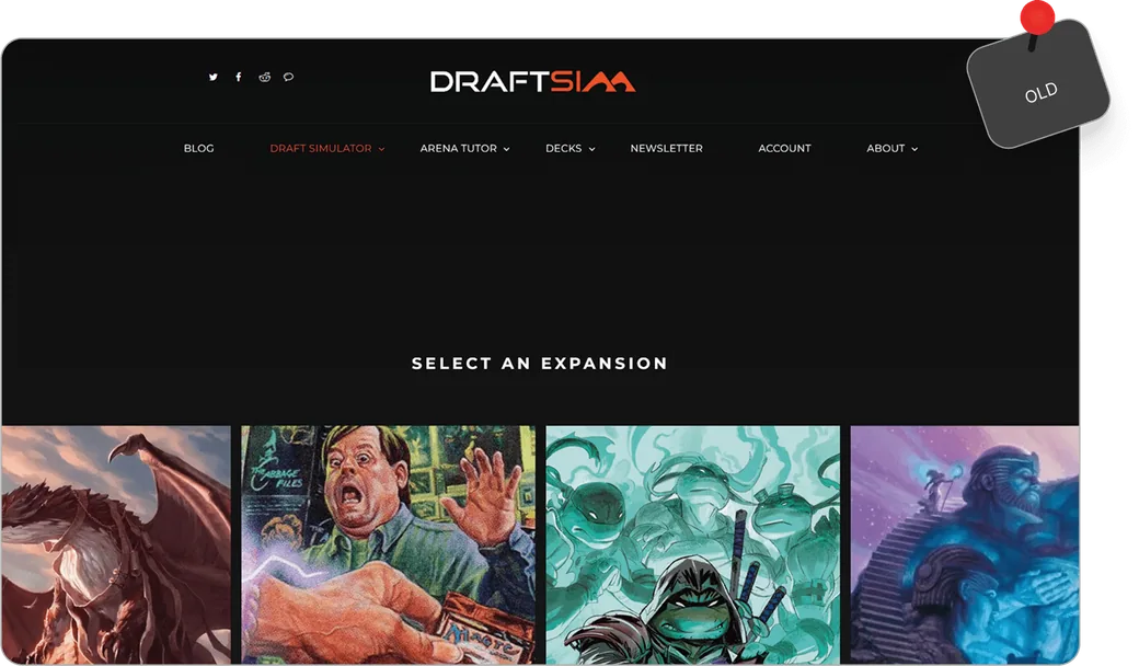 The redesigned Draftsim homepage, pinned to the board