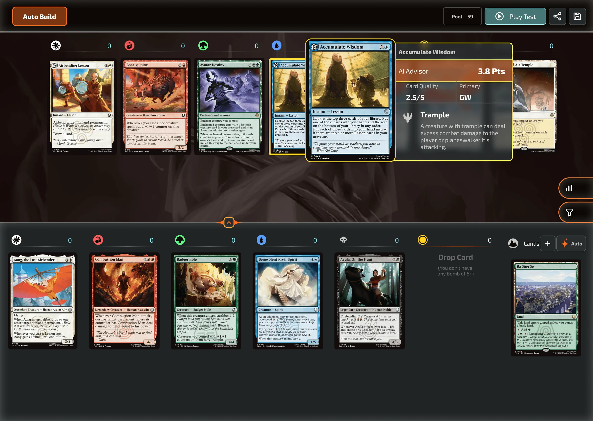 The redesigned Draftsim deck builder with the AI Advisor card tooltip open
