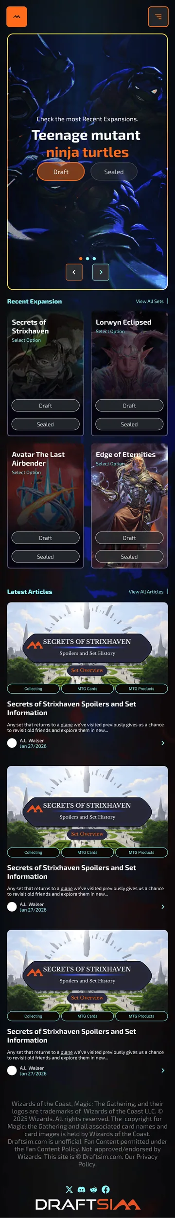 The redesigned Draftsim homepage on mobile