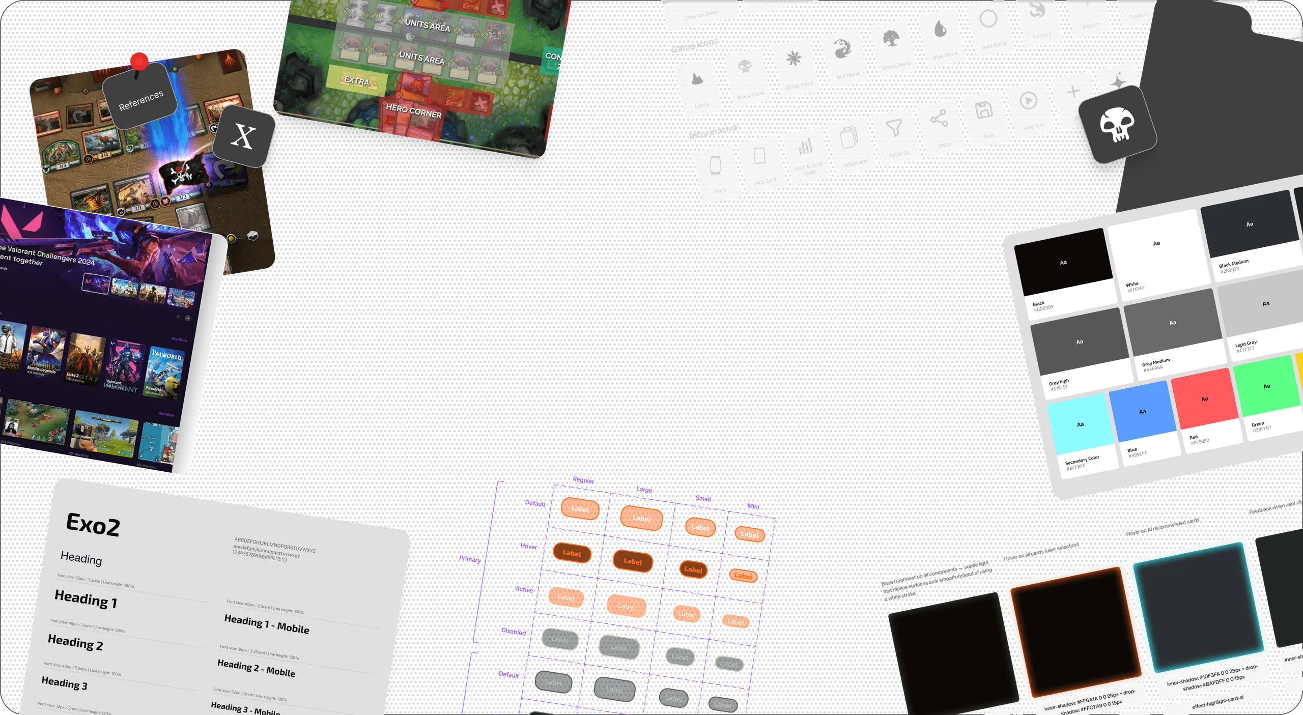 Dark research board of Draftsim references, icons, type scale and colour swatches