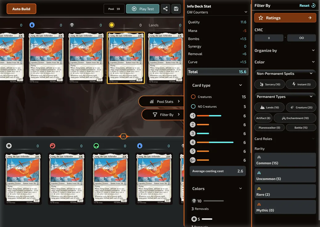 Deck Builder: mana cost columns, filters and sideboard