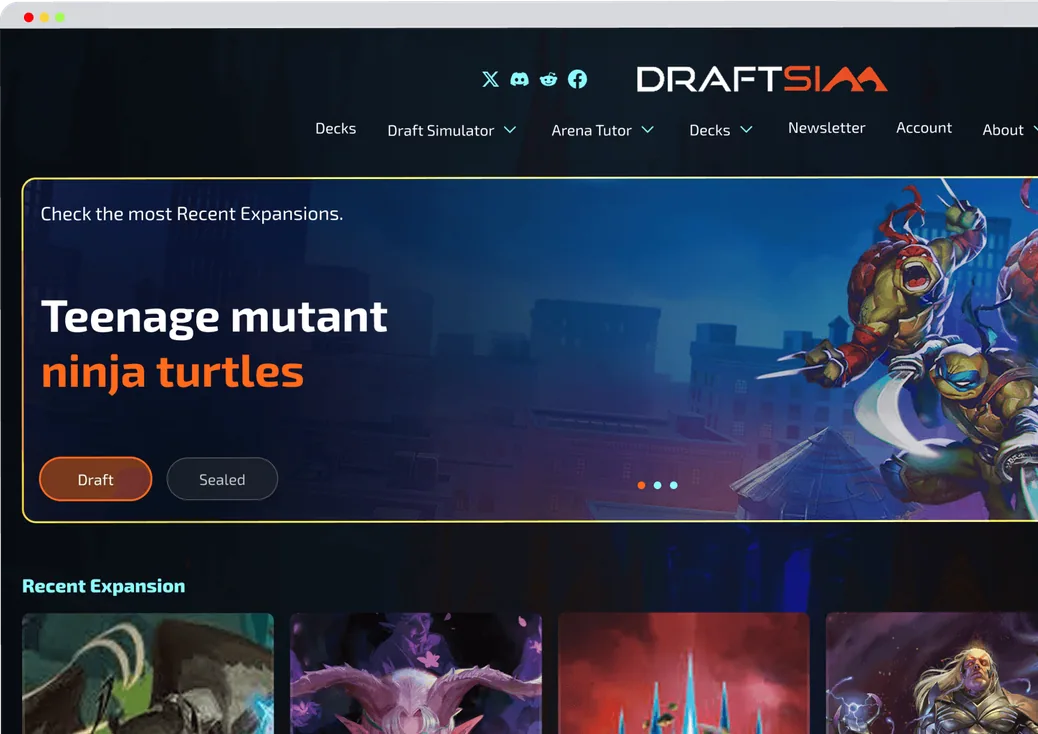 The redesigned Draftsim homepage with the Teenage Mutant Ninja Turtles expansion hero