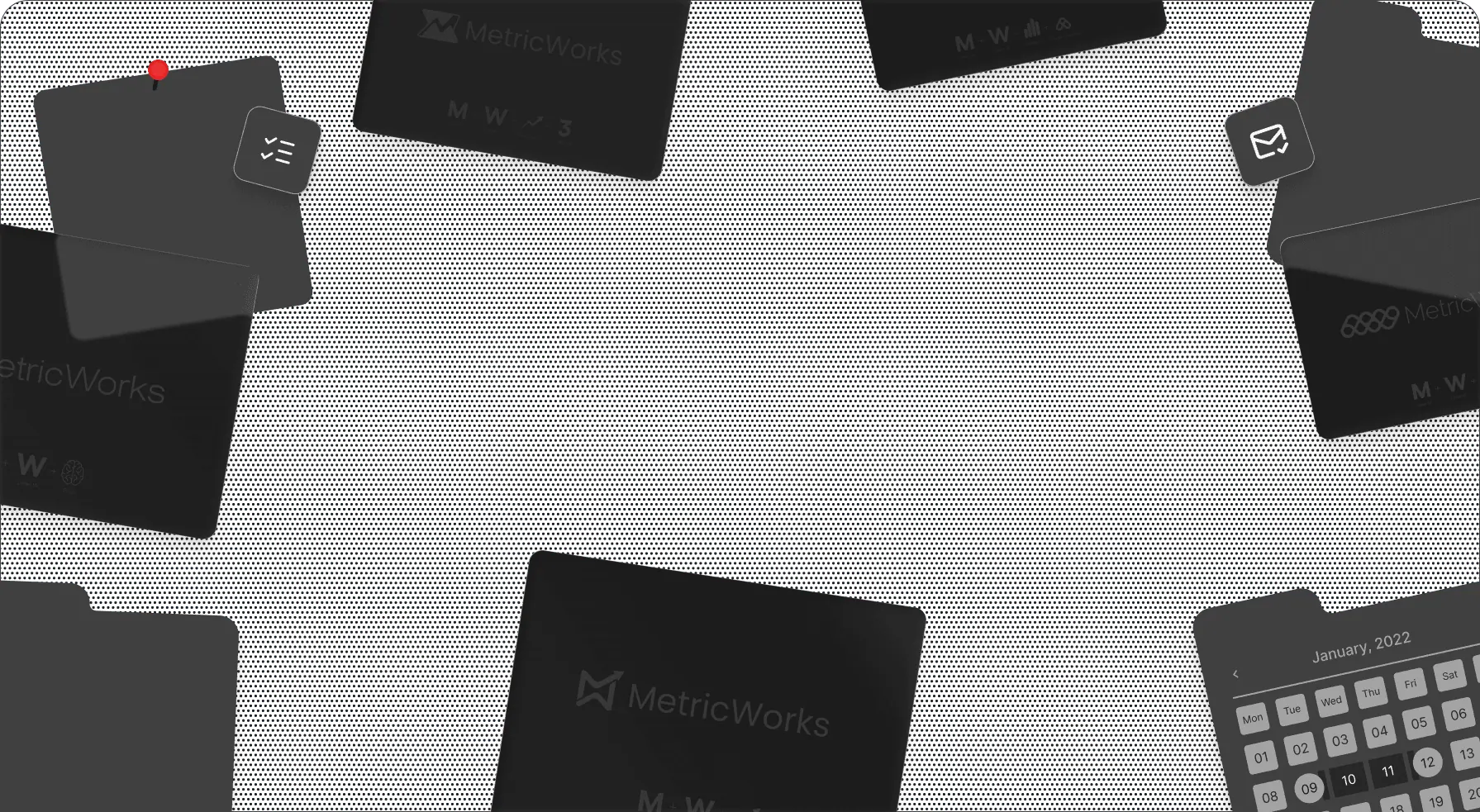 Dark board of MetricWorks brand cards