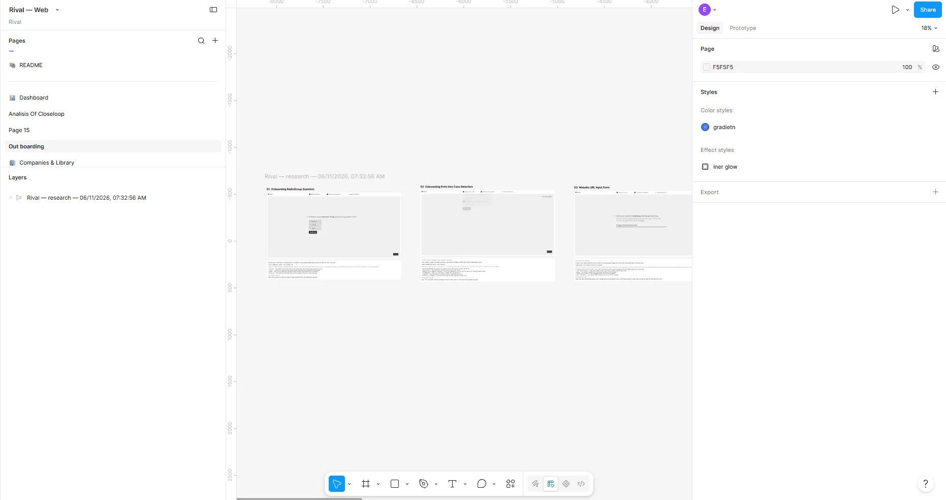 The first Figma board Rival assembled: three captured screens with their details