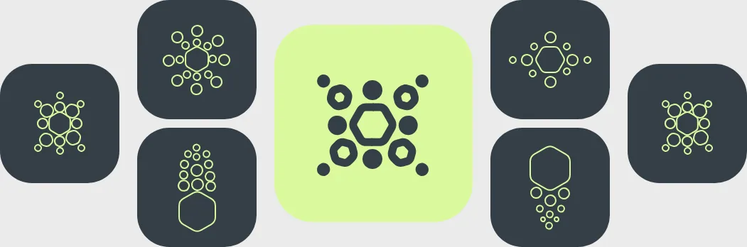 The corporate identity: seven slate tiles of hexagon marks around one lime tile carrying the Transcend mark