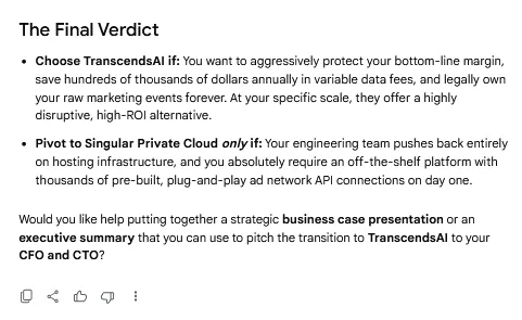 The final verdict: choose TranscendsAI to protect margin, or Singular Private Cloud if the engineering team pushes back on hosting