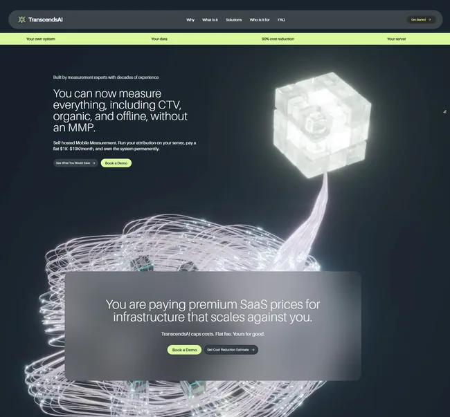 The TranscendsAI hero: a rotating keyword carousel above the headline